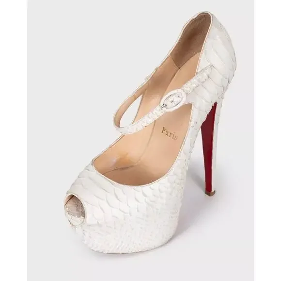 Christian Louboutin White Snakeskin Peep Toe Pumps Sz.37.5 - Picture 3 of 5